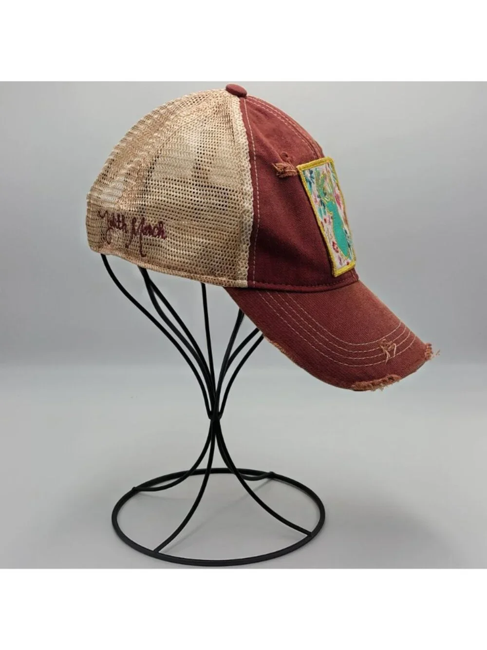 Judith March Distressed Burgundy Trucker Hat With Embroidered Floral Deer Patch